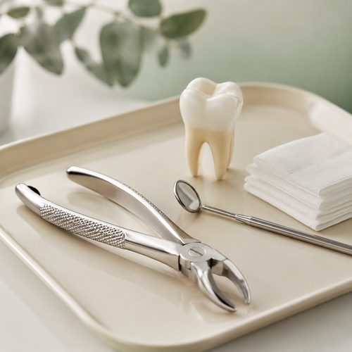 Dental extraction forceps and tools on a tray