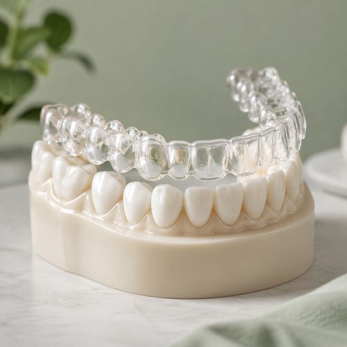 Clear aligner tray on a dental model